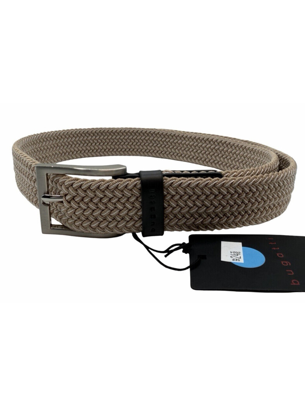Bugatti Woven Elasticized Grey Leather Trim Belt Beige White Size 40" | 100 cm